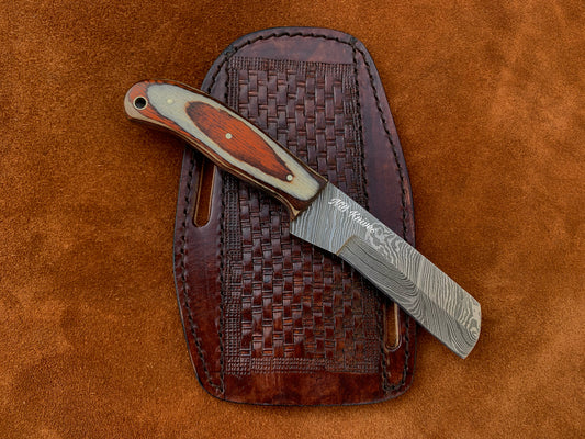Hardwood Handle Damascus Cowboy Bull Cutter Knife with Cross-Draw Sheath