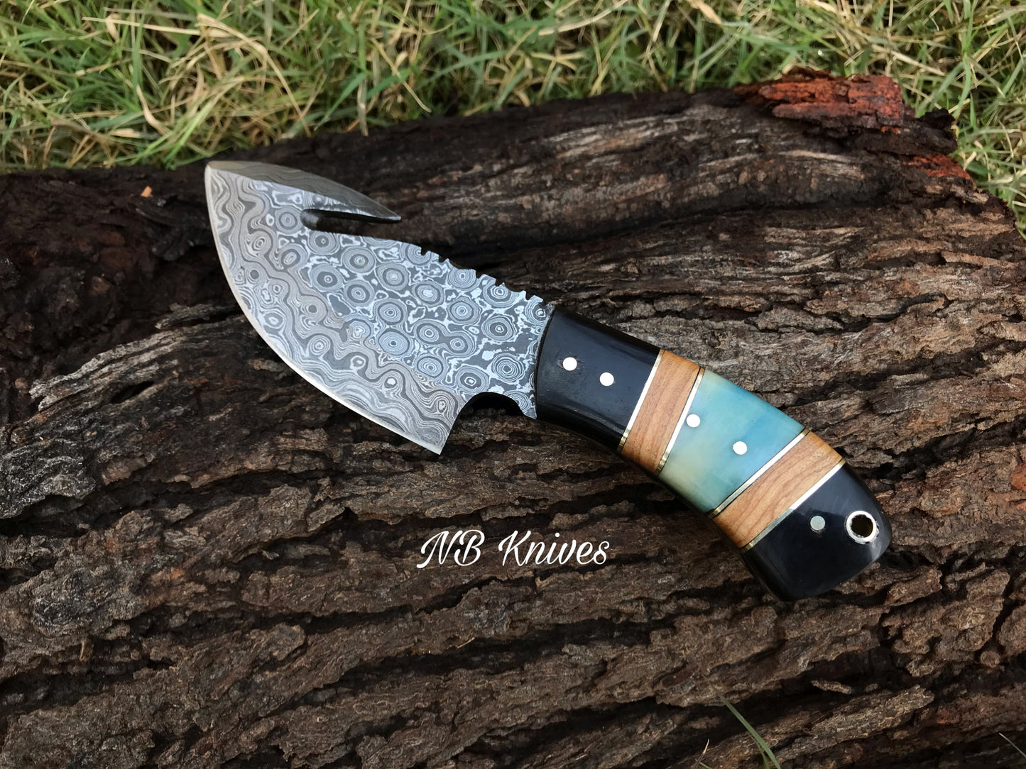 |NB KNIVES| CUSTOM HANDMADE DAMASCUS GUTHOOK HUNTING KNIFE Handle Material , horn ,olivewood,colored bone