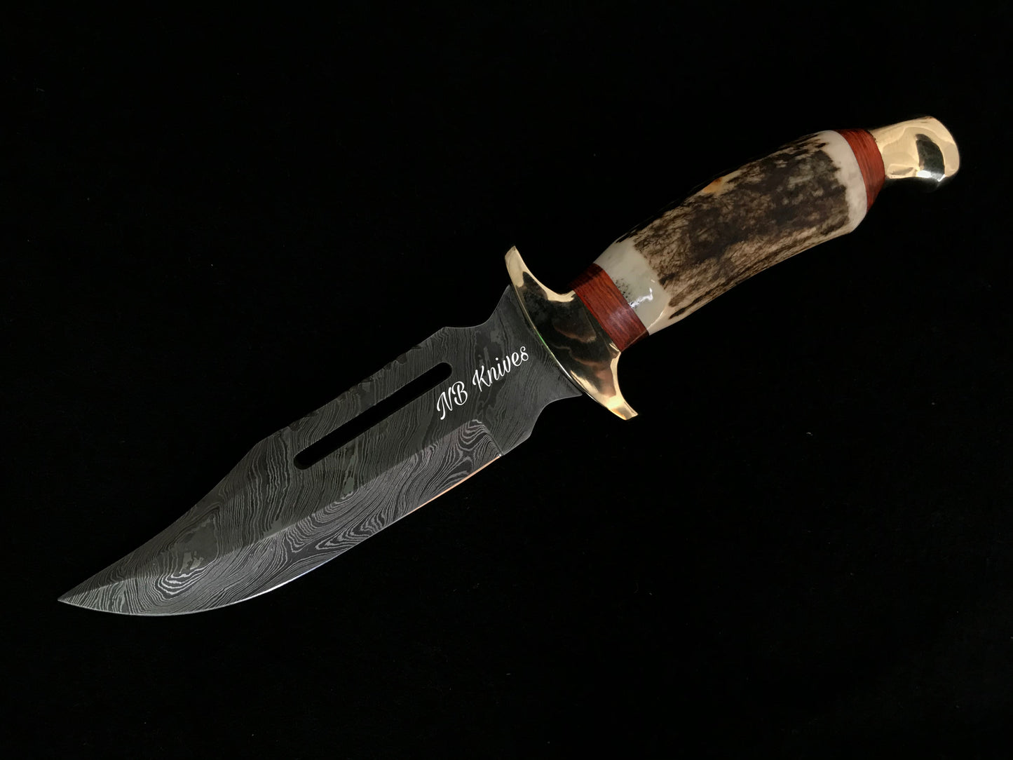 |NB KNIVES| CUSTOM HANDMADE DAMASCUS STAG HORN HUNTING KNIFE WITH LEATHER SHEATH