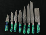 |NB KNIVES| CUSTOM HANDMADE DAMASCUS 8 PCS CHEF SET WITH LEATHER ROLL KIT