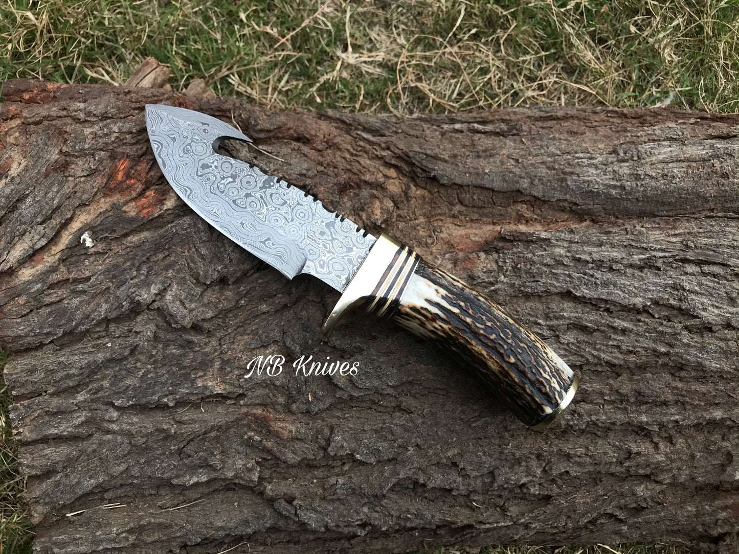 |NB KNIVES| CUSTOM HANDMADE DAMASCUS STAG HORN GUTHOOK KNIFE WITH LEATHER SHEATH