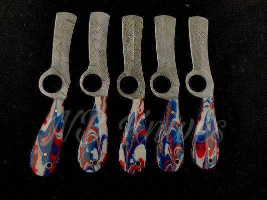 Set of 5 Damascus Cowboy Bull Cutter Knives with Resin Handles & Leather Sheaths