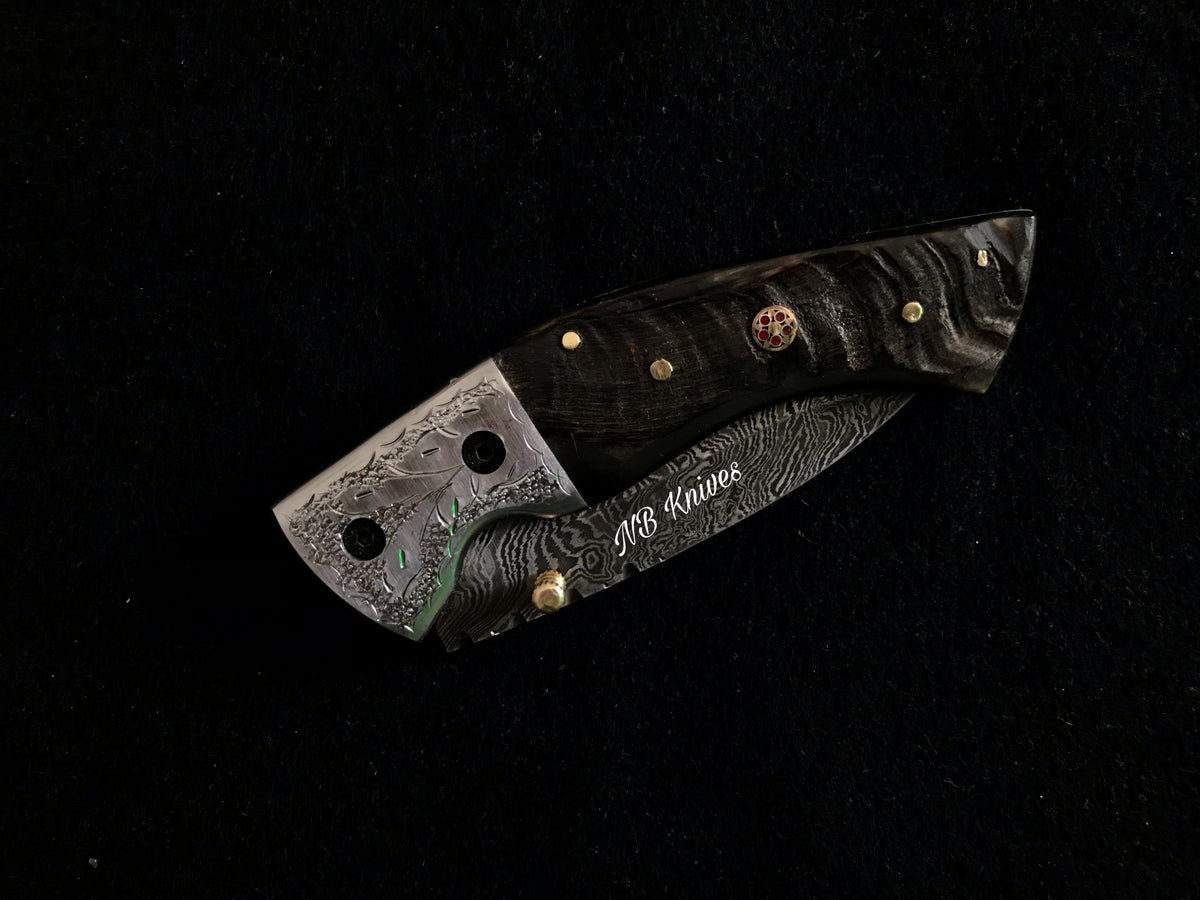 |NB KNIVES| CUSTOM HADNMADE DAMASCUS POCKET KNIFE WITH LEATHER SHEATH