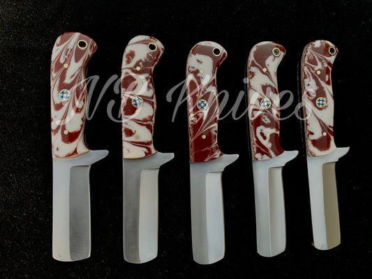Set of 5 D2 Steel Cowboy Bull Cutter Knives with Resin Handles & Leather Sheaths