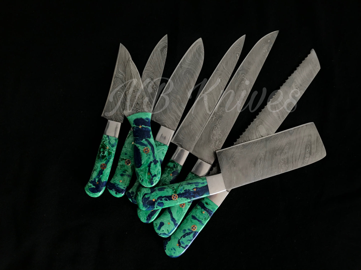 |NB KNIVES| CUSTOM HANDMADE DAMASCUS 8 PCS CHEF SET WITH LEATHER ROLL KIT