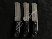 |NB KNIVES | LOT OF 3 CUSTOM HANDMADE DAMASCUS COWBOY BULL CUTTER KNIVES WITH LEATHER SHEATHS