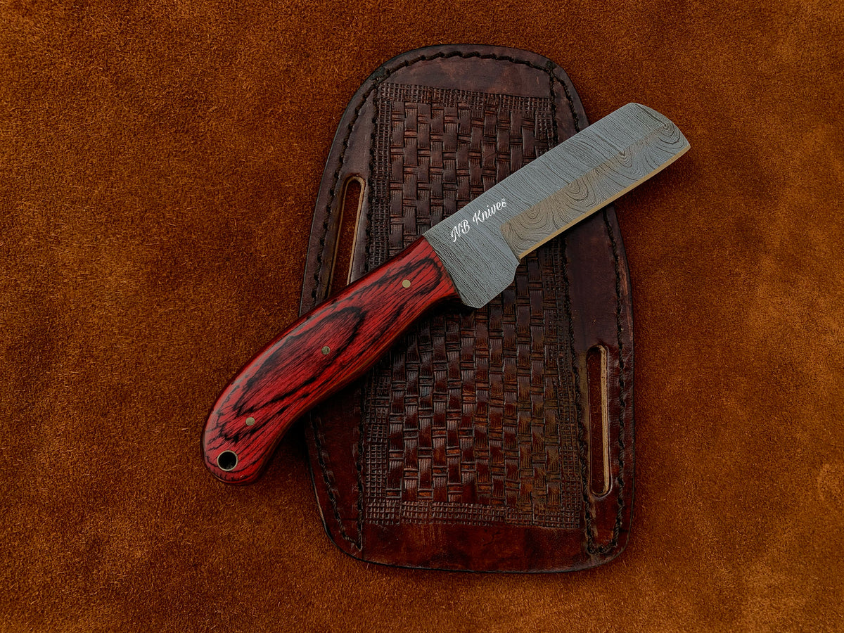 Hand-Forged Damascus Bull Cutter with Pakka Wood Handle & Cross-Draw Sheath