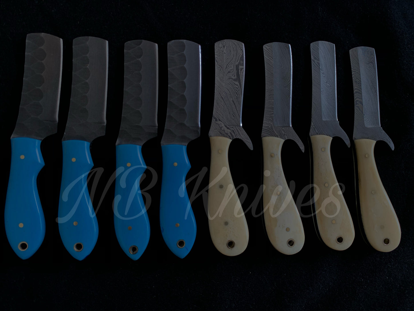 |NB KNIVES| CUSTOM HANDMADE LOT OF 8 COW BOY BULL CUTTER KNIVES WITH LEATHER SHEATH