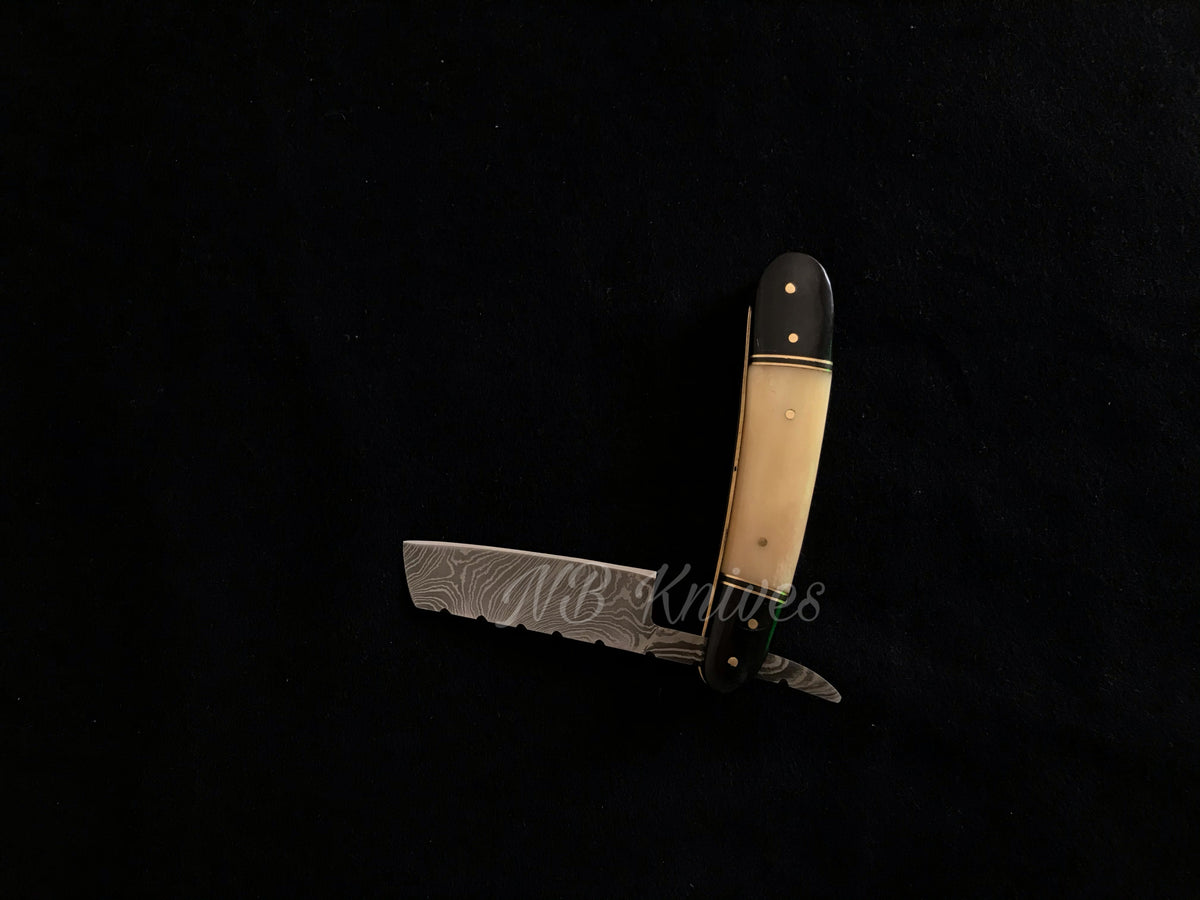 |NB KNIVES| CUSTOM HANDMADE DAMASCUS RAZOR WITH LEATHER SHEATH