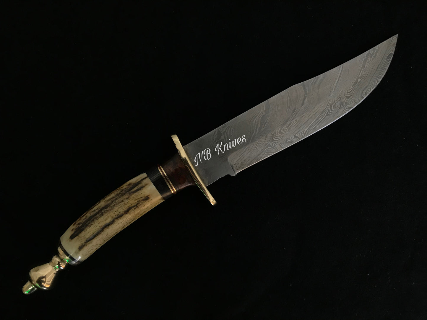 |NB KNIVES| CUSTOM HANDMADE DAMASCUS STAG HORN HUNTING KNIFE WITH LEATHER SHEATH