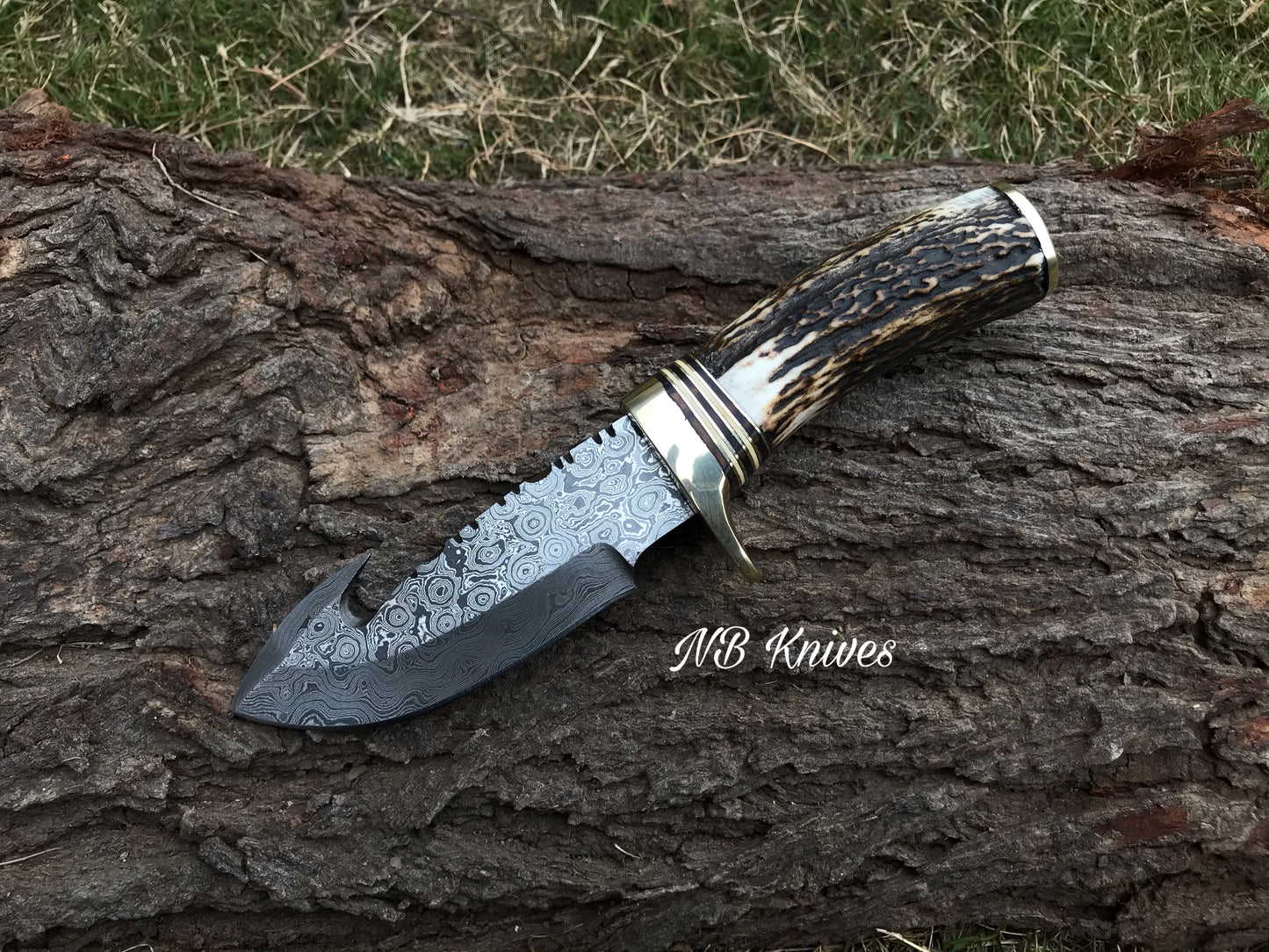 |NB KNIVES| CUSTOM HANDMADE DAMASCUS STAG HORN GUTHOOK KNIFE WITH LEATHER SHEATH