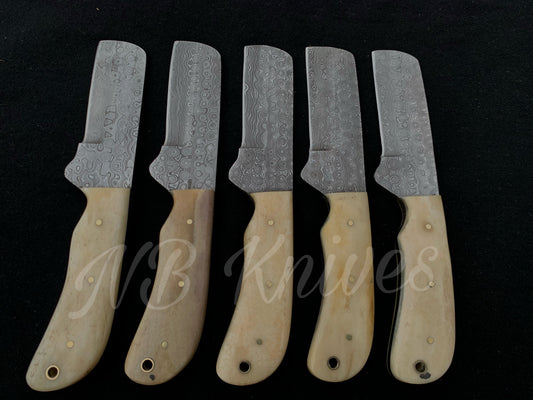 Set of 5 Damascus Cowboy Bull Cutter Knives with Camel Bone Handles & Leather Sheaths