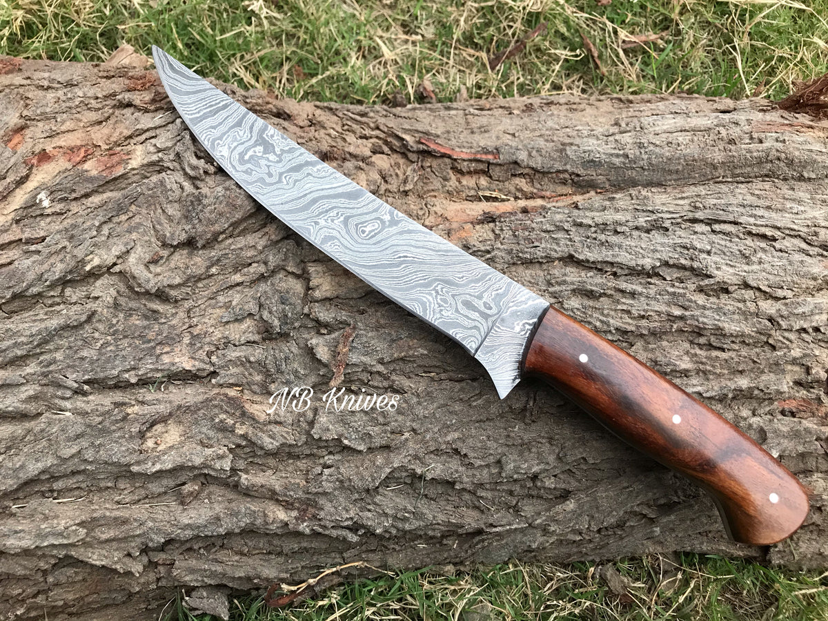 |NB KNIVES| CUSTOM HANDMADE DAMASCUS FISHING FILLET KNIFE WITH LEATHER SHEATH