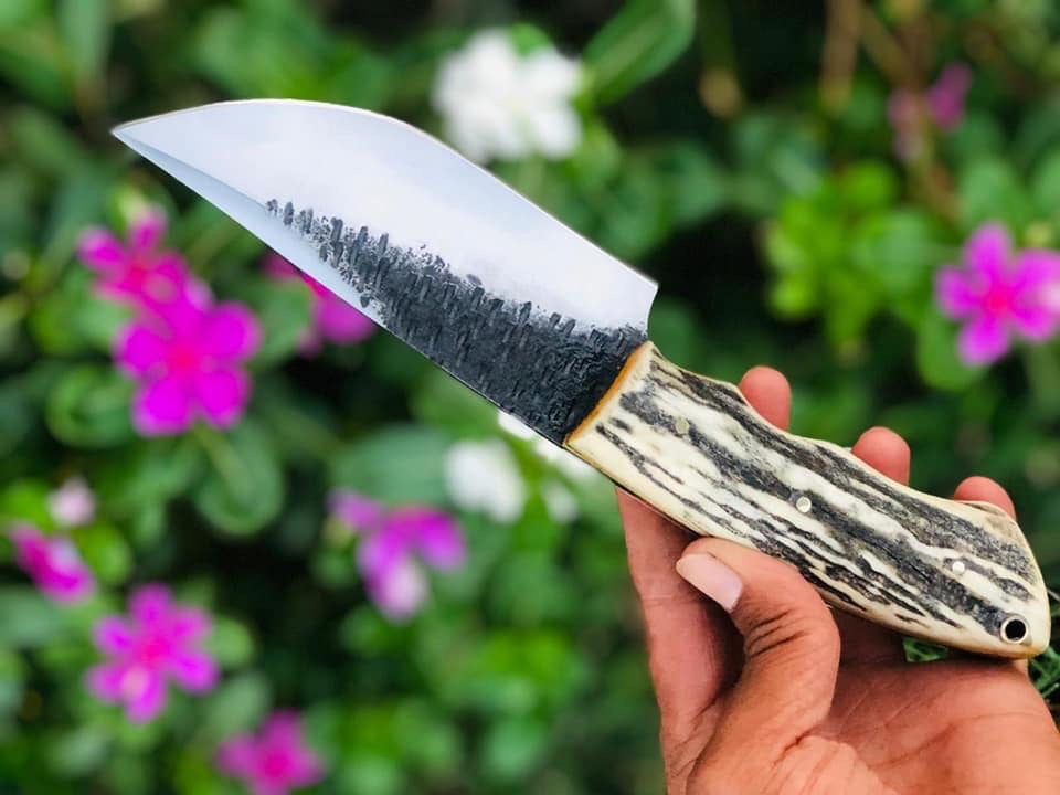 Custom Handmade 1095 Steel Skinner Knife with Stag Horn Handle & Leather Sheath