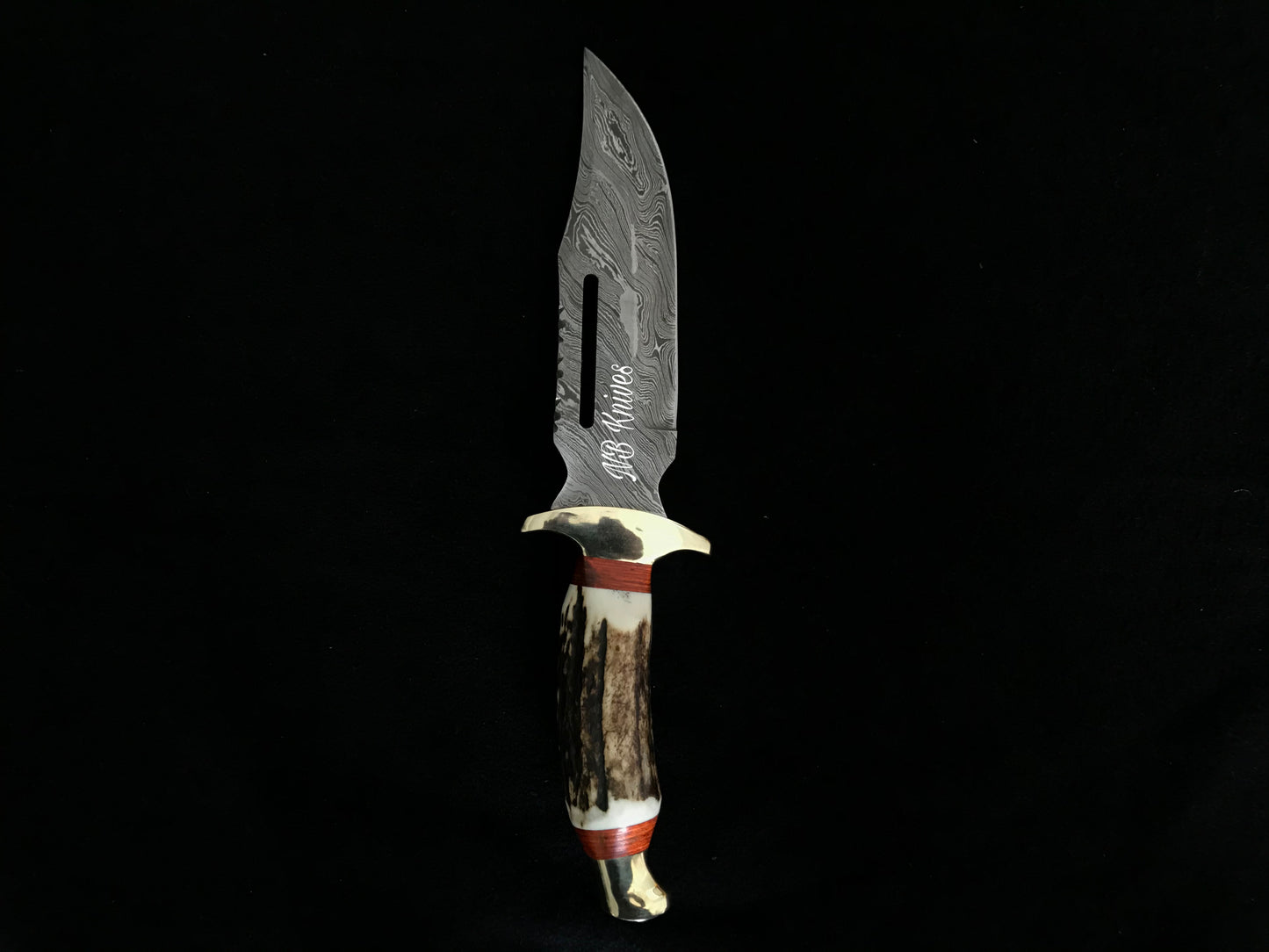 |NB KNIVES| CUSTOM HANDMADE DAMASCUS STAG HORN HUNTING KNIFE WITH LEATHER SHEATH