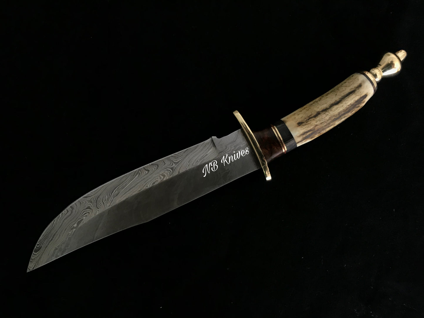 |NB KNIVES| CUSTOM HANDMADE DAMASCUS STAG HORN HUNTING KNIFE WITH LEATHER SHEATH