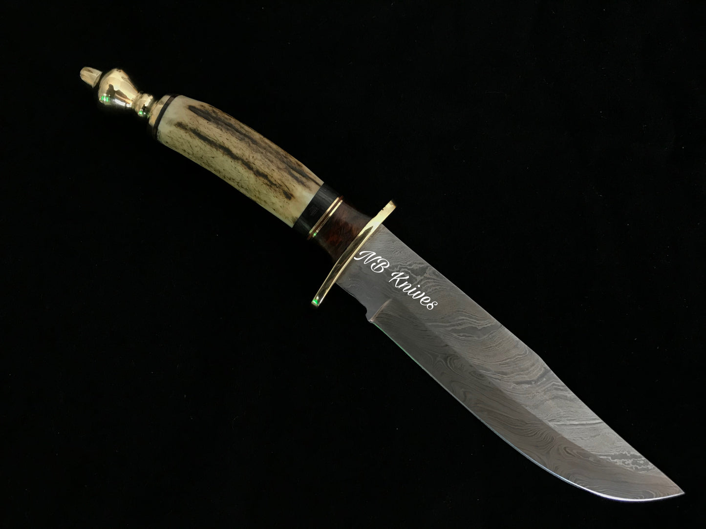 |NB KNIVES| CUSTOM HANDMADE DAMASCUS STAG HORN HUNTING KNIFE WITH LEATHER SHEATH