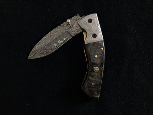|NB KNIVES| CUSTOM HADNMADE DAMASCUS POCKET KNIFE WITH LEATHER SHEATH