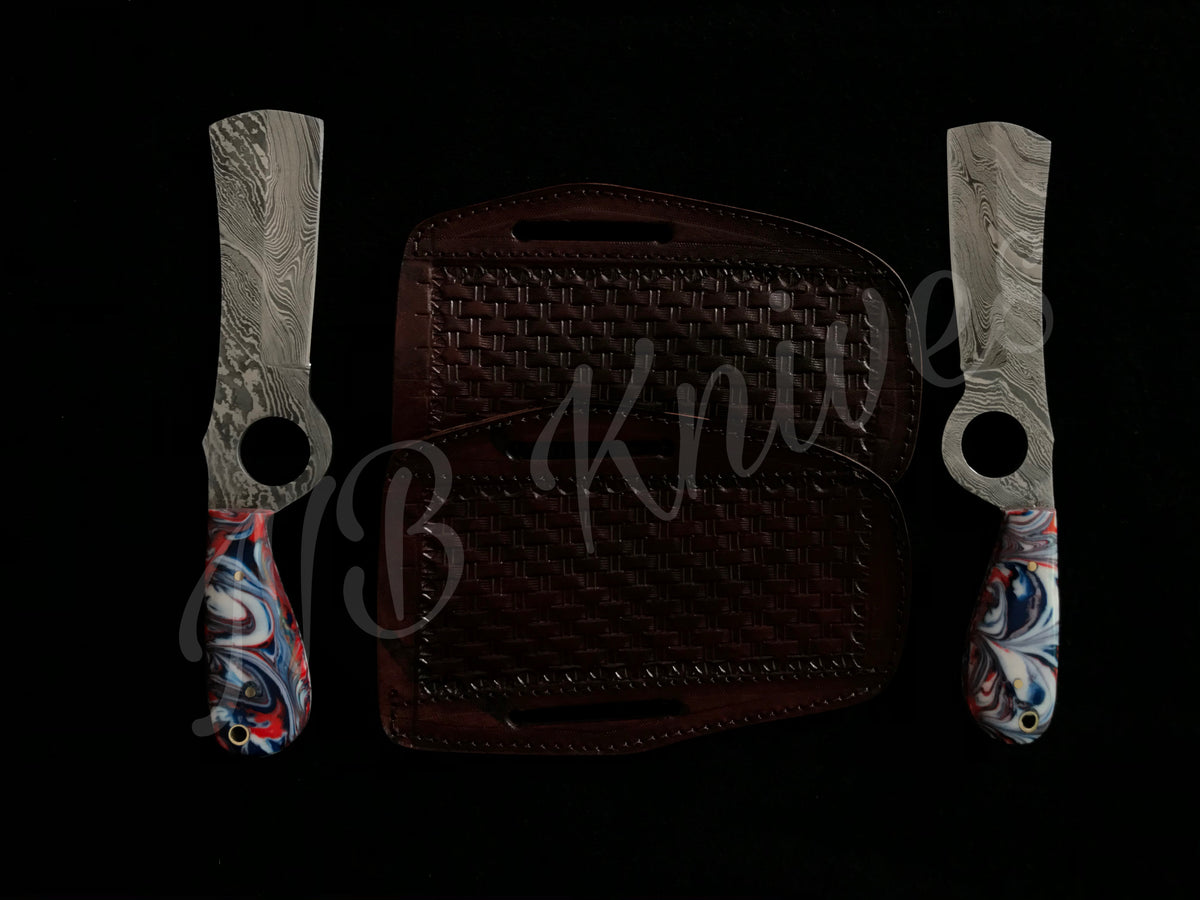 |NB KNIVES| CUSTOM HANDMADE LOT OF 2 COW BOY BULL CUTTER KNIVES WITH LEATHER SHEATH