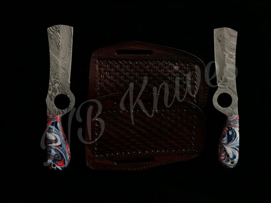 |NB KNIVES| CUSTOM HANDMADE LOT OF 2 COW BOY BULL CUTTER KNIVES WITH LEATHER SHEATH