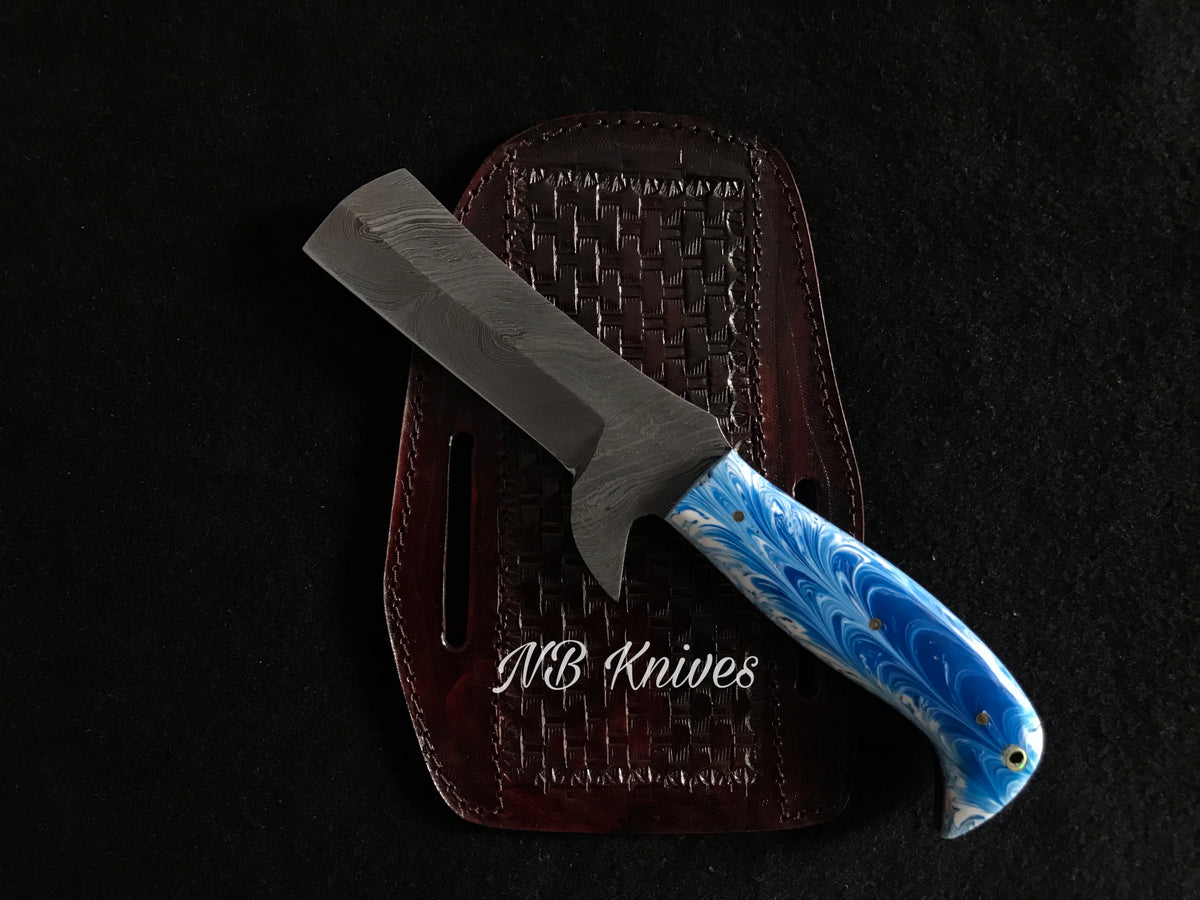 Resin Handle Damascus Cowboy Bull Cutter Knife with Leather Sheath