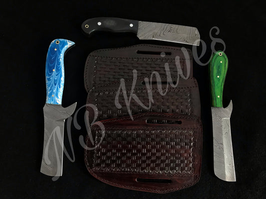 |NB KNIVES | LOT OF 3 CUSTOM HANDMADE DAMASCUS COWBOY BULL CUTTER KNIVES WITH LEATHER SHEATHS