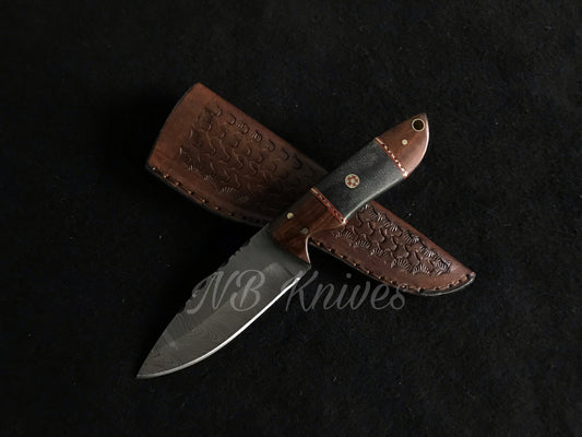 Handcrafted Damascus Skinner with Micarta Grip, Rosewood Bolster & Cowhide Sheath