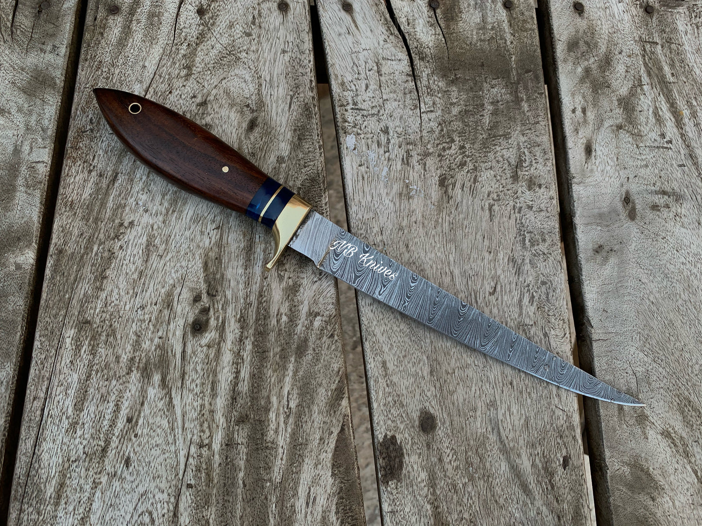 |NB KNIVES | CUSTOM HANDMADE DAMASCUS STEEL FILLET KNIFE WITH LEATHER SHEATH