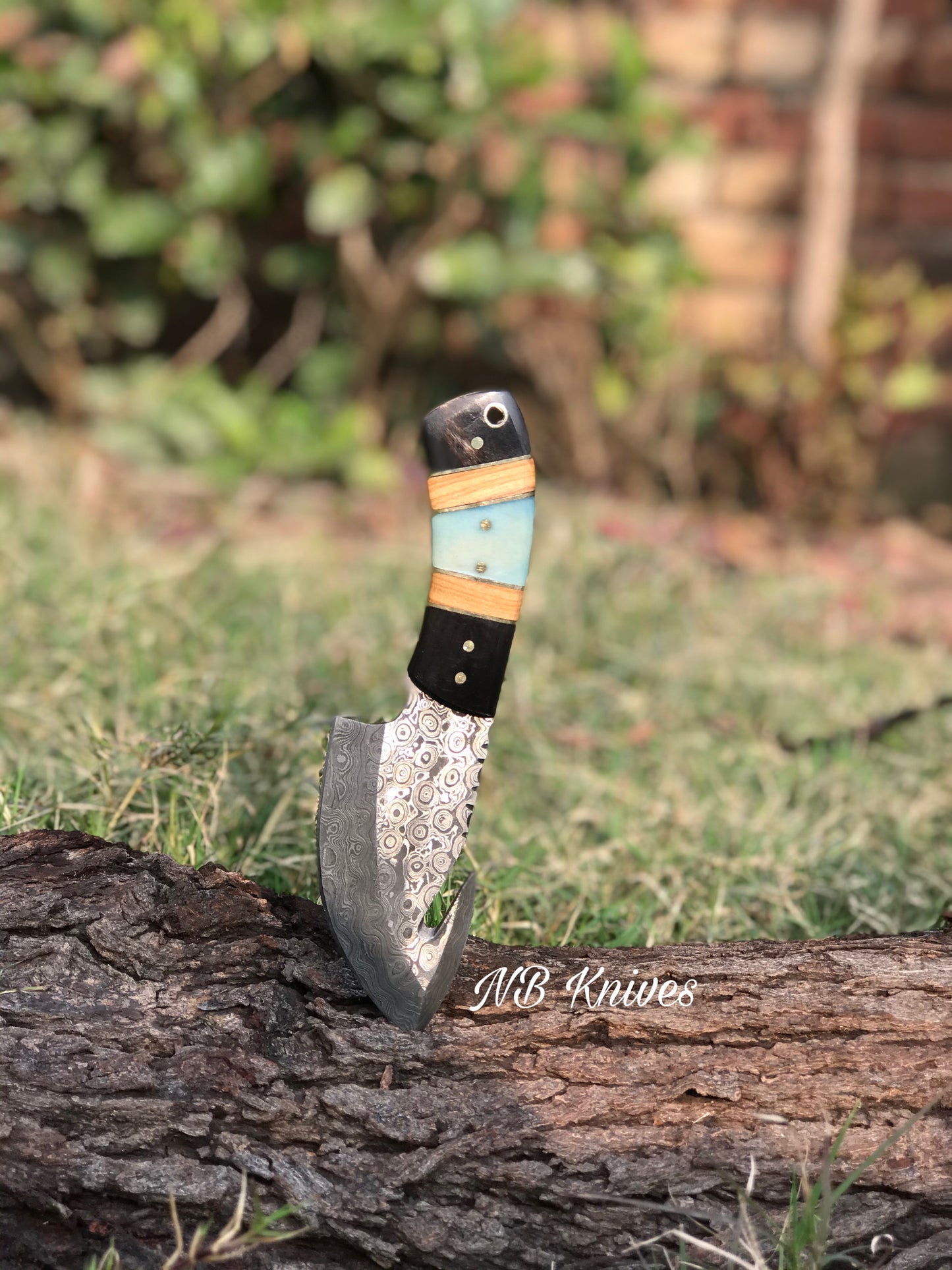 |NB KNIVES| CUSTOM HANDMADE DAMASCUS GUTHOOK HUNTING KNIFE Handle Material , horn ,olivewood,colored bone