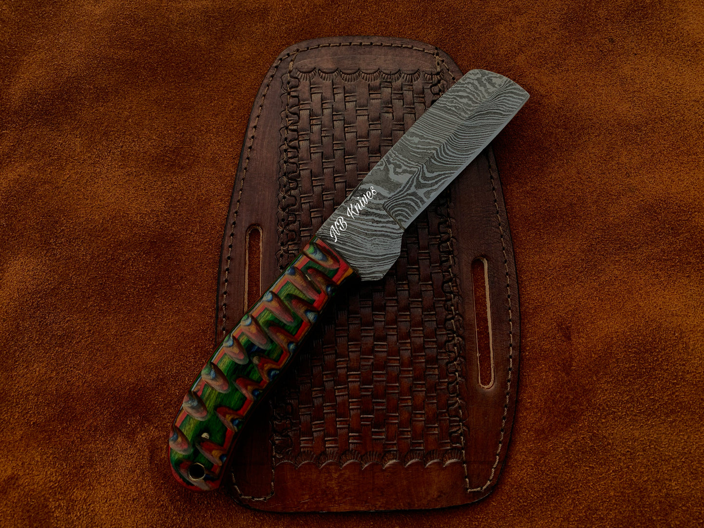 |NB KNIVES| CUSTOM HANDMADE DAMASCUS COWBOY BULL CUTTER KNIFE WITH LEATHER SHEATH