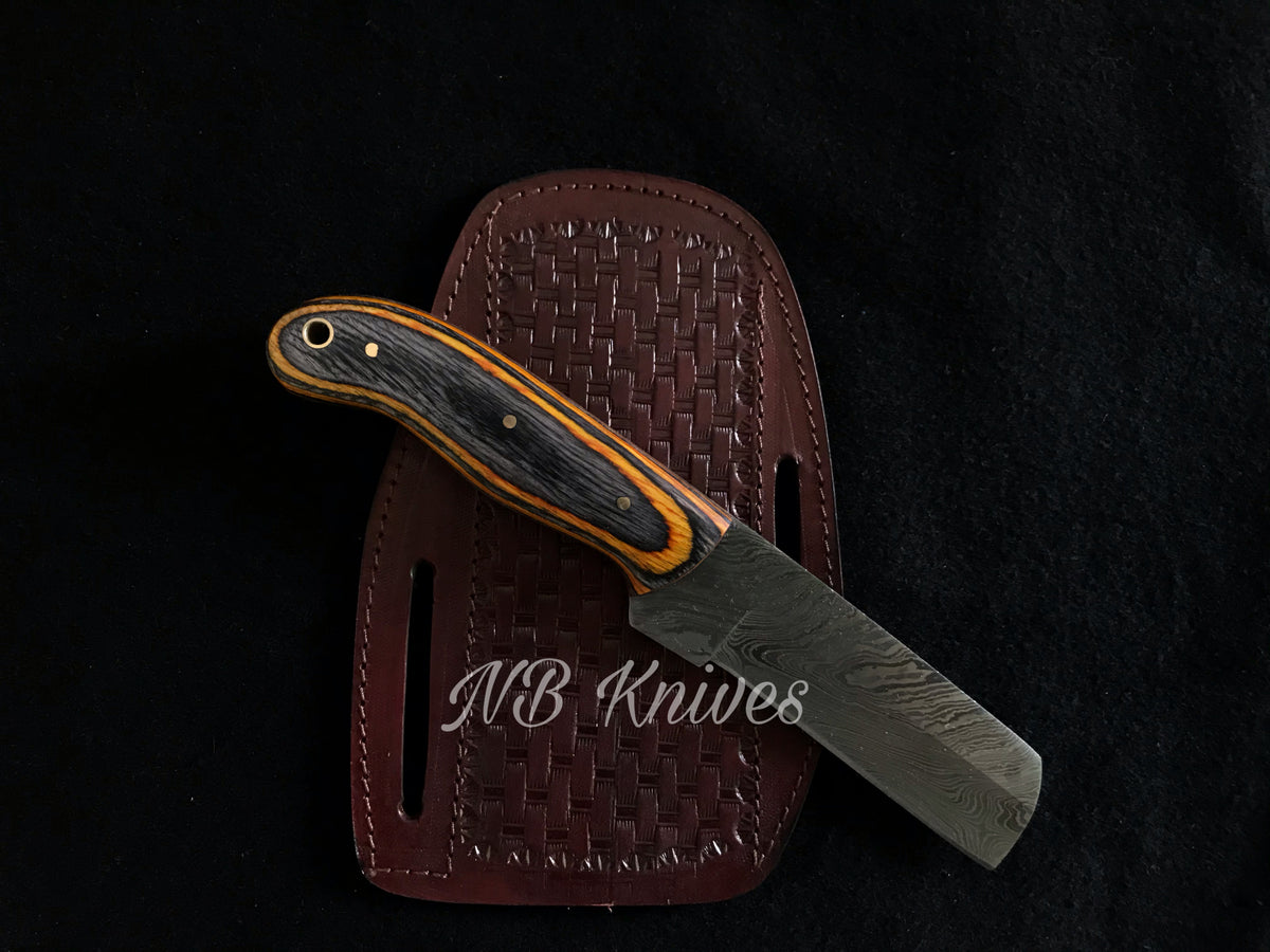 |NB KNIVES| CUSTOM HANDMADE DAMASCUS COWBOY BULL CUTTER KNIFE WITH LEATHER SHEATH