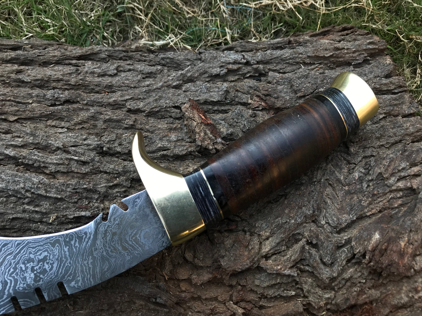 |NB KNIVES| HAND MADE DAMASCUS KUKRI BOWIE KNIFE - STACKED LEATHER - BRASS GUARD - NB CUTLERY LTD