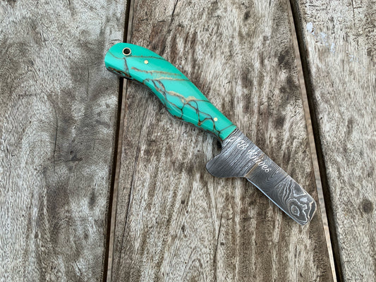 Turquoise Resin Handle Damascus Cowboy Bull Cutter Knife with Sheath