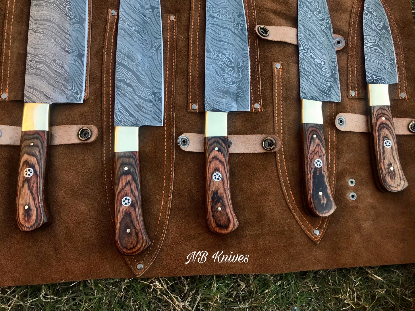 |NB KNIVES| CUSTOM HANDMADE DAMASCUS 5 PCS CHEF SET WITH LEATHER ROLL KIT