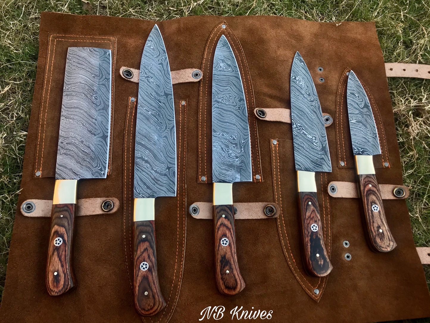 |NB KNIVES| CUSTOM HANDMADE DAMASCUS 5 PCS CHEF SET WITH LEATHER ROLL KIT