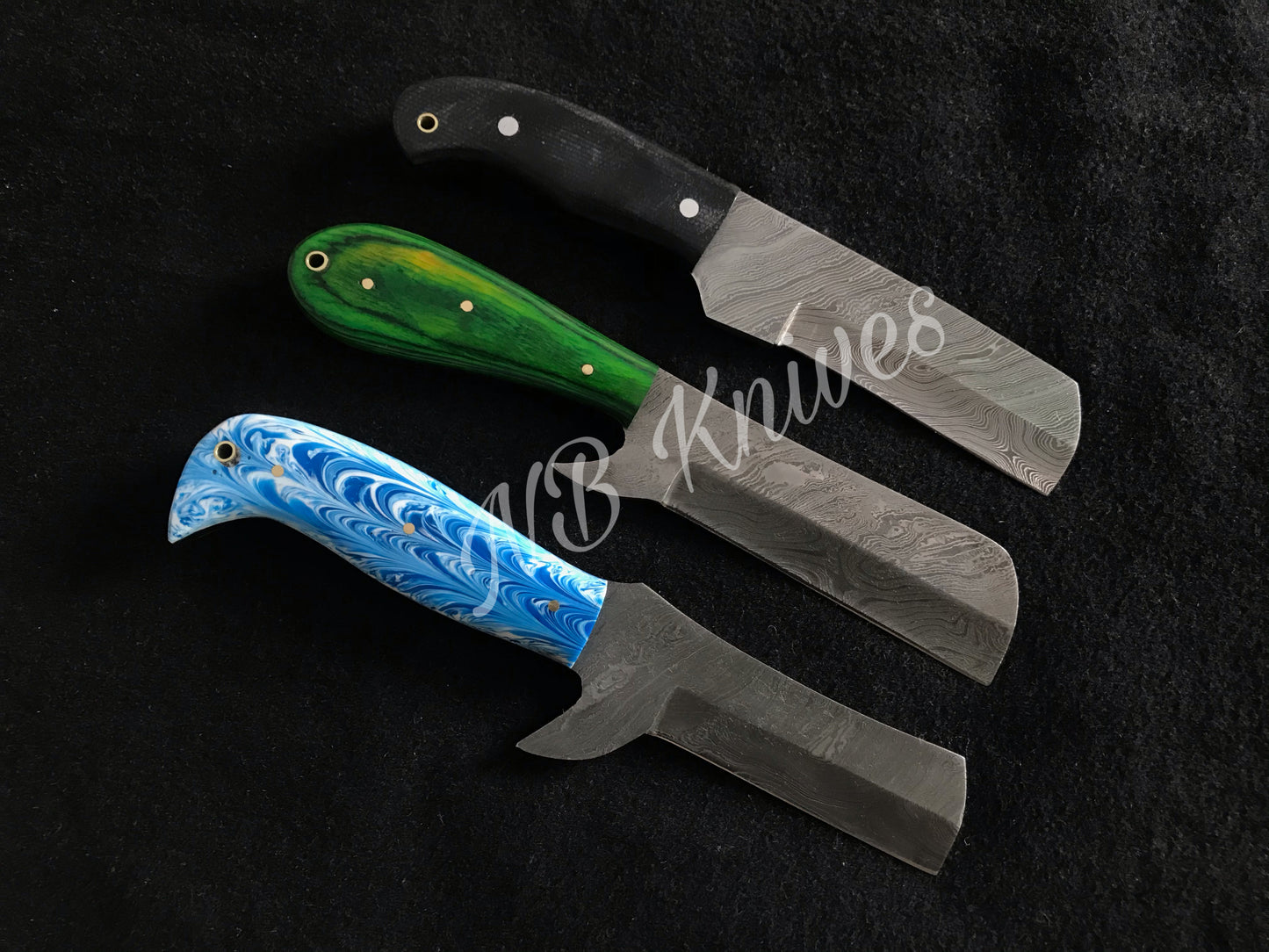 |NB KNIVES | LOT OF 3 CUSTOM HANDMADE DAMASCUS COWBOY BULL CUTTER KNIVES WITH LEATHER SHEATHS