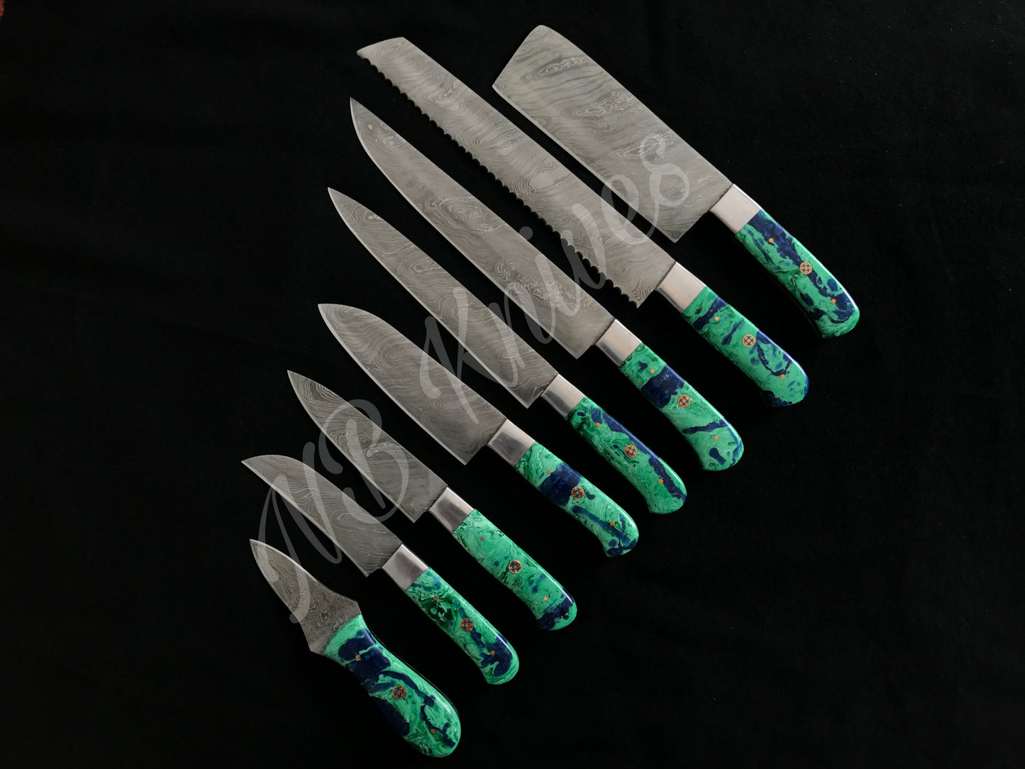 |NB KNIVES| CUSTOM HANDMADE DAMASCUS 8 PCS CHEF SET WITH LEATHER ROLL KIT