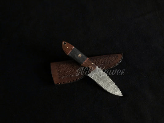Handcrafted Damascus Skinner with Micarta Grip, Rosewood Bolster & Cowhide Sheath