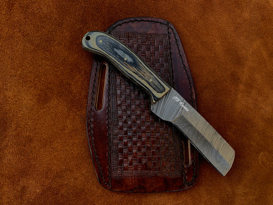Hardwood Handle Damascus Cowboy Bull Cutter Knife with Cross-Draw Sheath