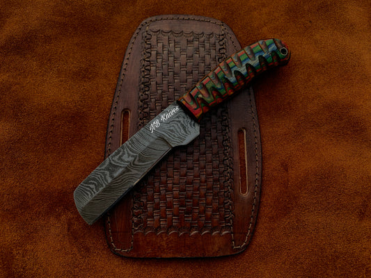 |NB KNIVES| CUSTOM HANDMADE DAMASCUS COWBOY BULL CUTTER KNIFE WITH LEATHER SHEATH