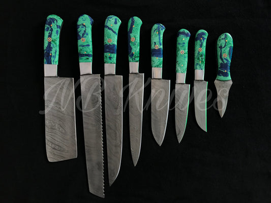 |NB KNIVES| CUSTOM HANDMADE DAMASCUS 8 PCS CHEF SET WITH LEATHER ROLL KIT