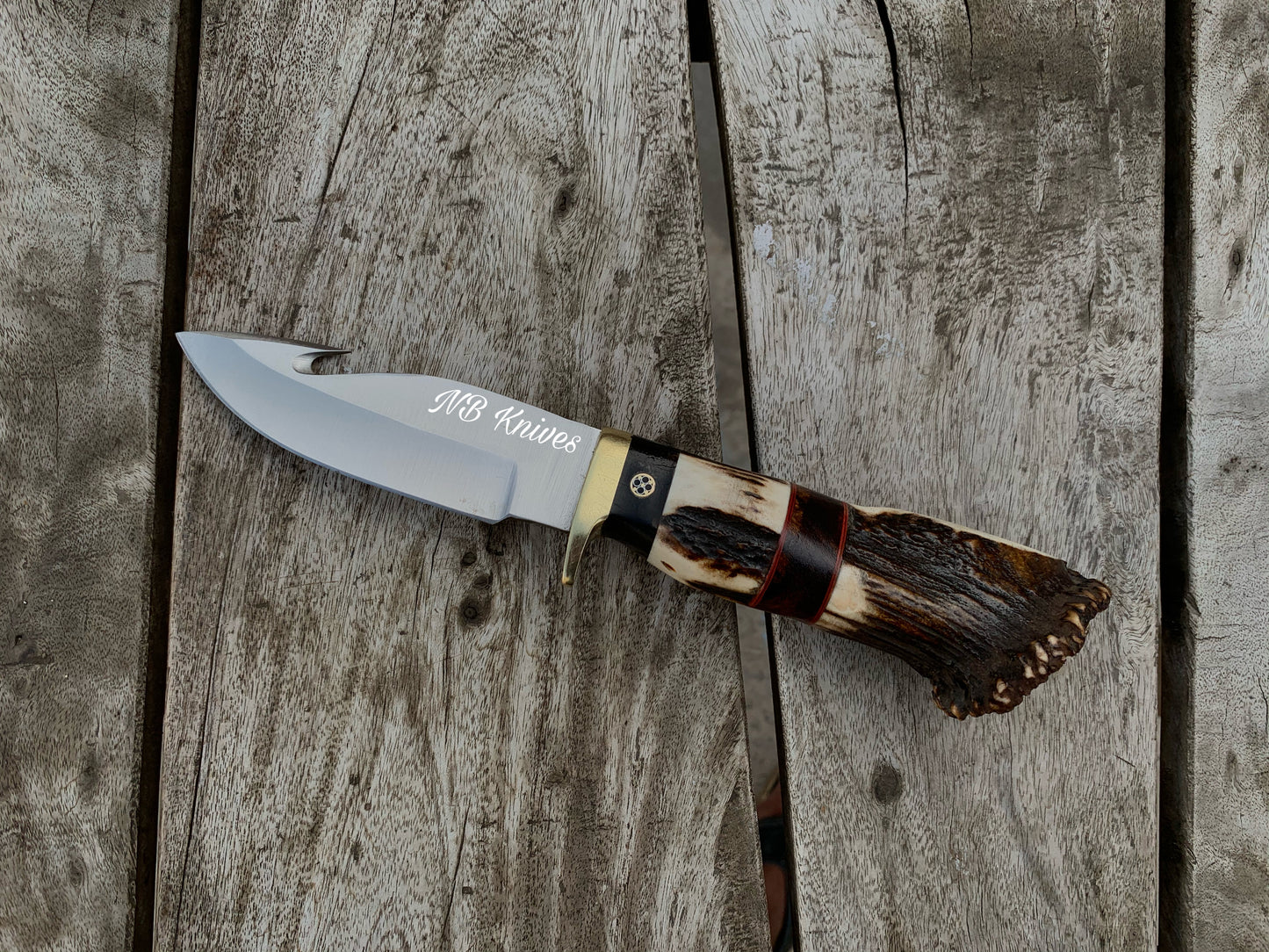 |NB KNIVES| CUSTOM HANDMADE D2 STEEL STAGHORN GUTHOOK KNIFE WITH LEATHER SHEATH