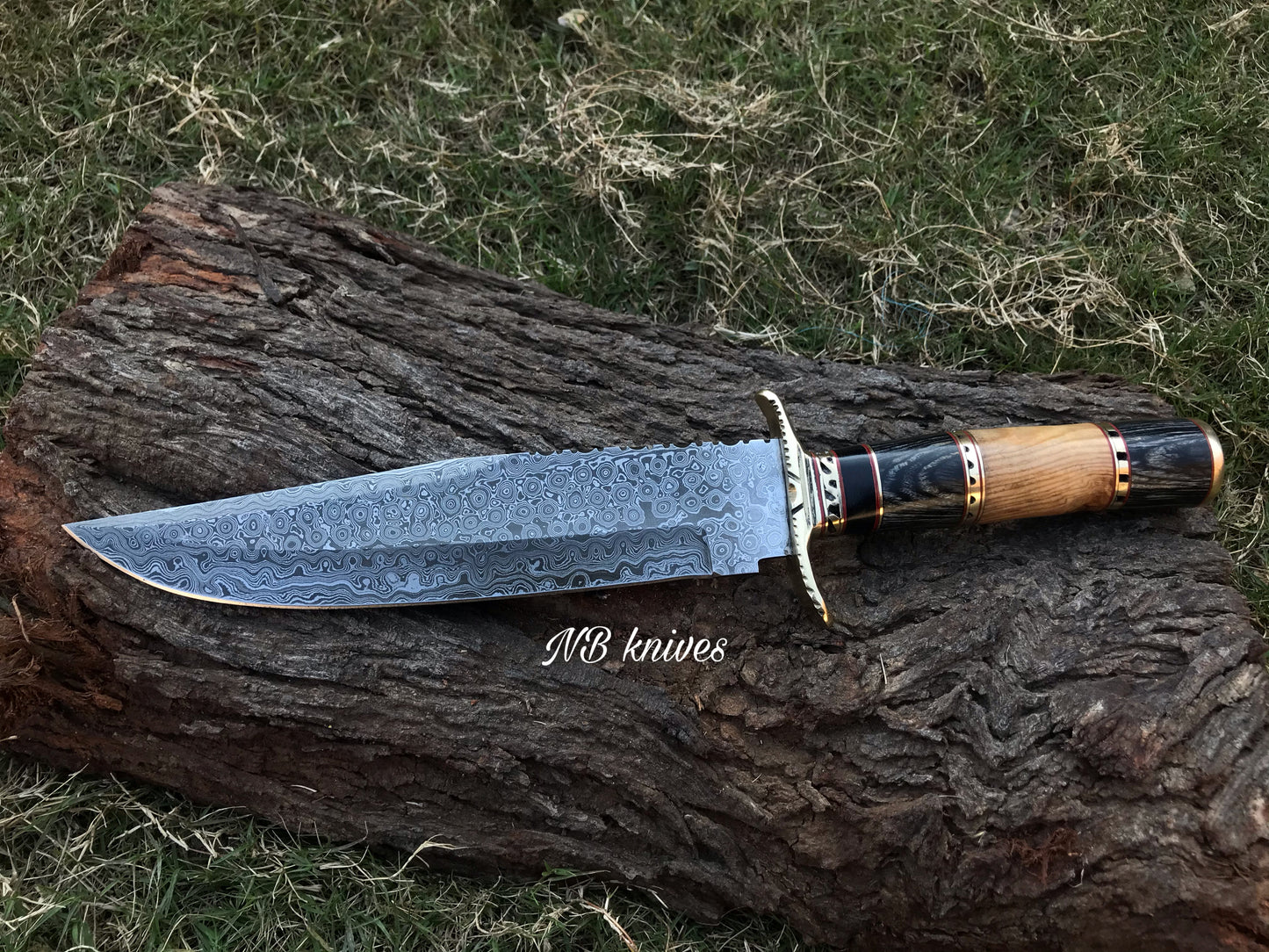 |NB KNIVES| DAMASCUS STEEL BLADE HUNTING BOWIE KNIFE,WOOD HANDLE