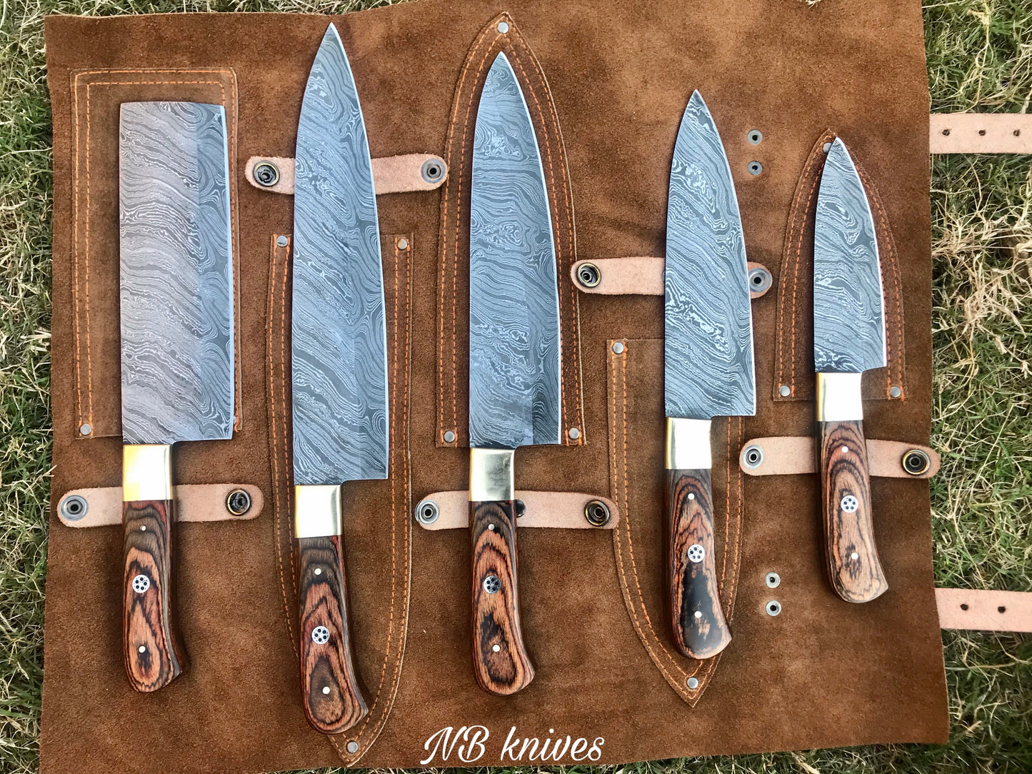 |NB KNIVES| CUSTOM HANDMADE DAMASCUS 5 PCS CHEF SET WITH LEATHER ROLL KIT
