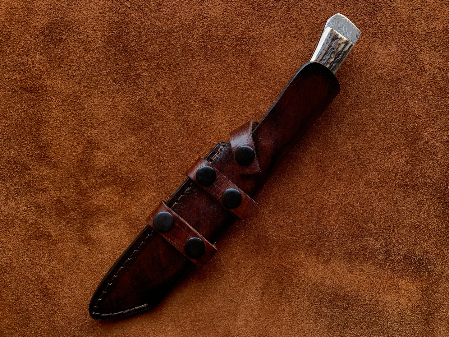 |NB KNIVES| CUSTOM HANDMADE DAMASCUS STAG HORN SEAX KNIFE WITH LEATHER SHEATH