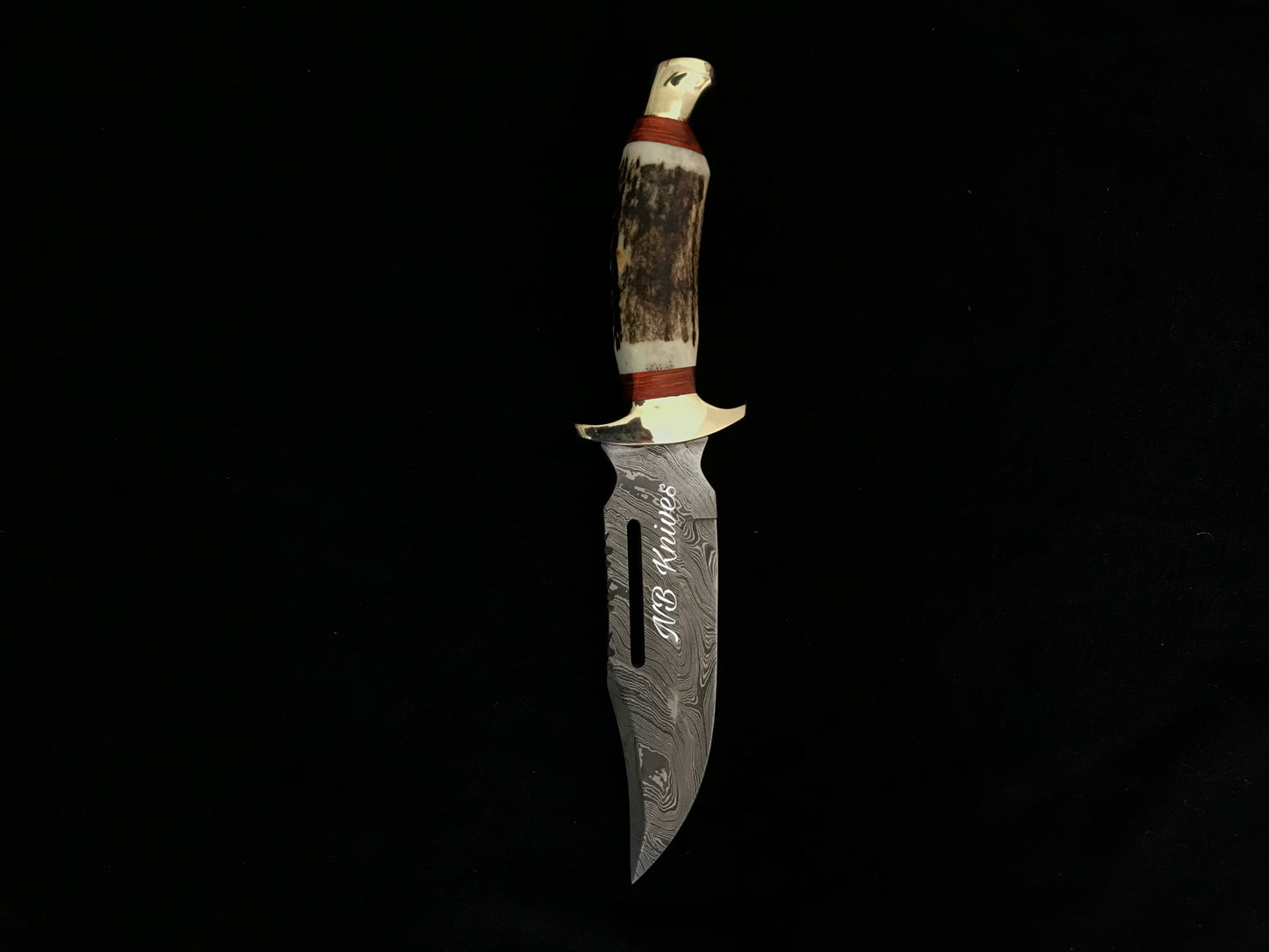 |NB KNIVES| CUSTOM HANDMADE DAMASCUS STAG HORN HUNTING KNIFE WITH LEATHER SHEATH