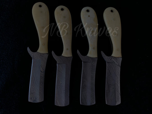 4-Piece Natural Cow Bone Handle Damascus Cowboy Bull Cutter Knife Set