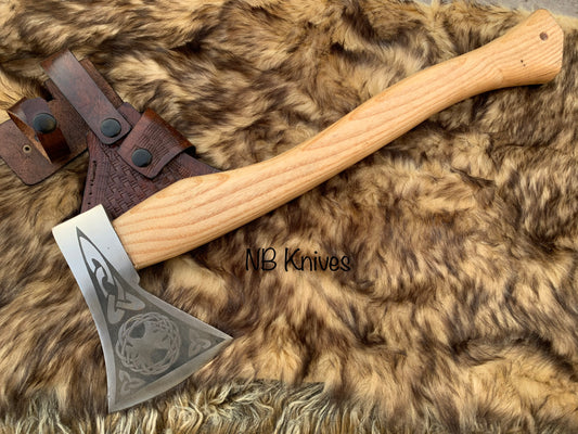 |NB KNIVES| Custom Gift Forged Carbon Steel Viking Axe with Rose Wood Shaft, Viking Bearded Camping Axe, Best Birthday&Anniversary Gift For Him,