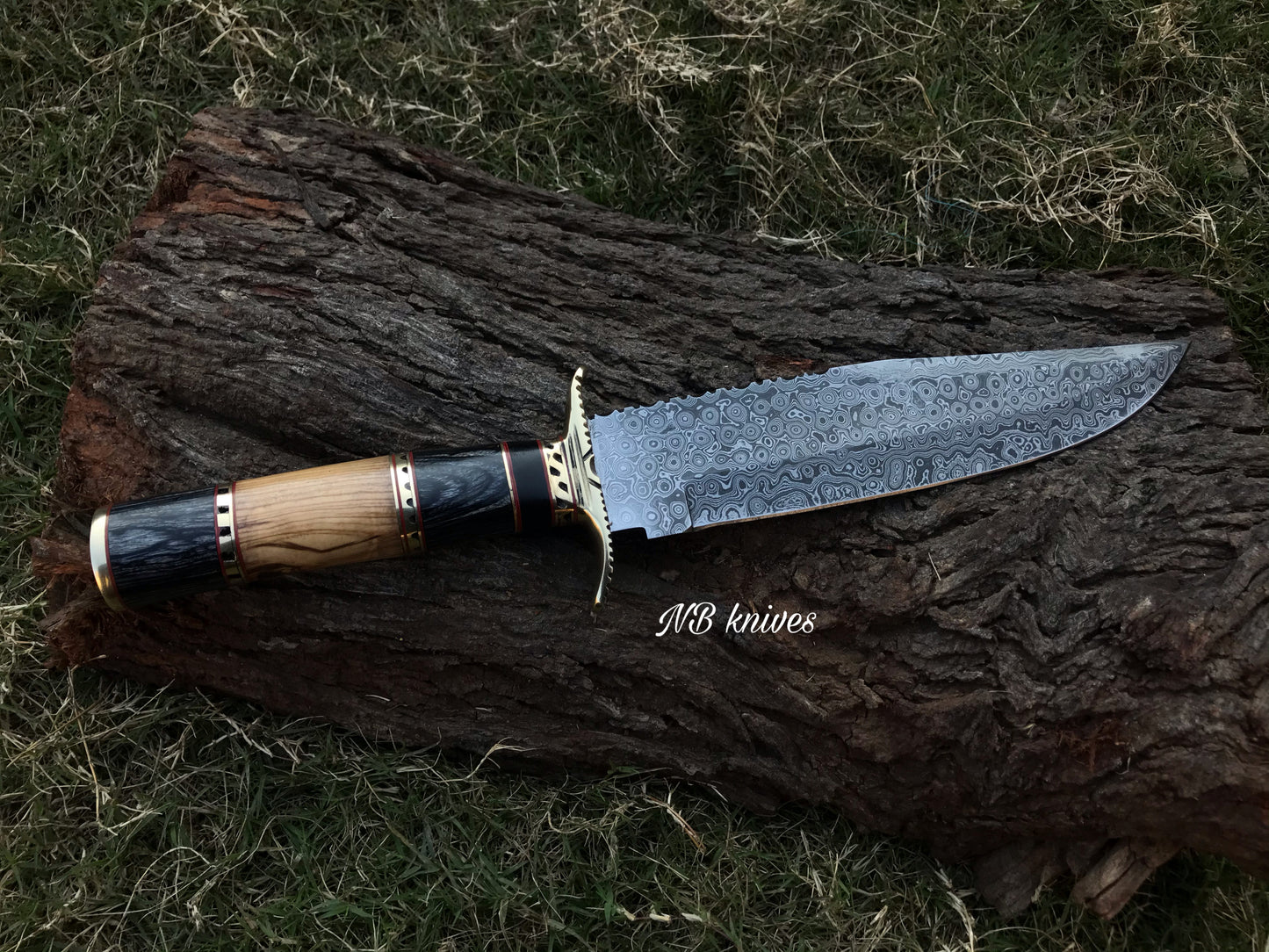 |NB KNIVES| DAMASCUS STEEL BLADE HUNTING BOWIE KNIFE,WOOD HANDLE