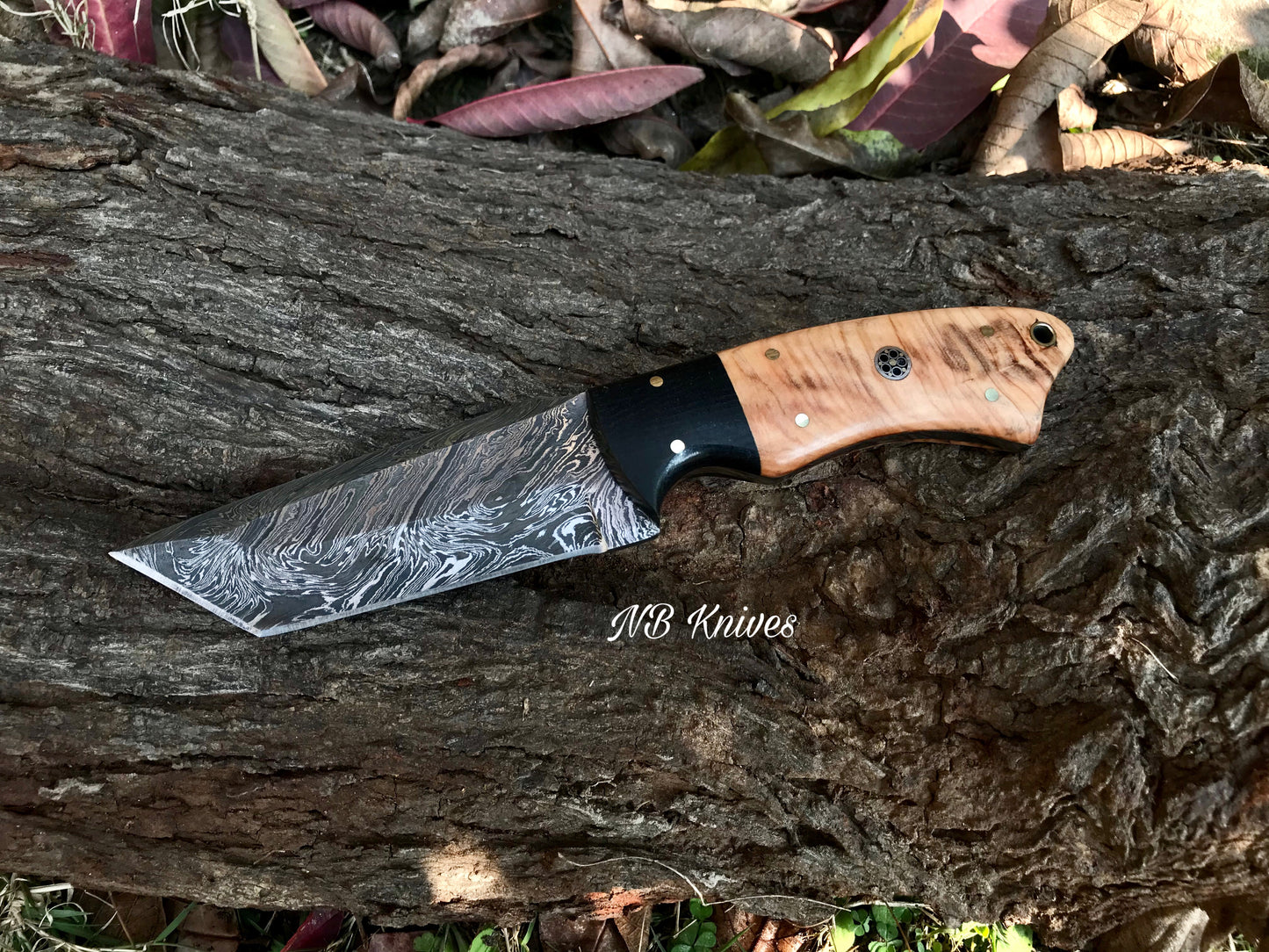 |NB KNIVES| CUSTOM HANDMADE DAMSCUS TANTO BLADE KNIFE Handle: wood with Micarta